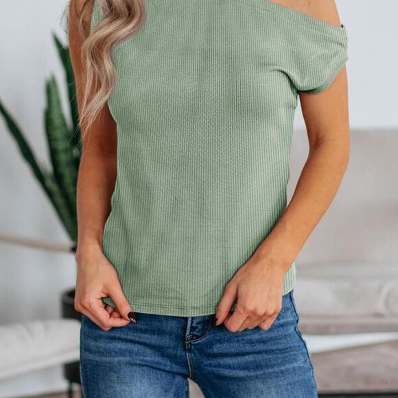 Women Women's Off Shoulder Tops Summer Ribbed Knit Tank Green M Casual - Picture 3 of 6